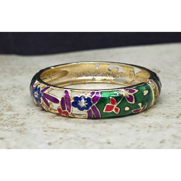 Jiu Long Xing Jewelry - Vtg Jiu Long Xing Enamel Bangle Bracelet Cloisonne Style Openwork Floral Hinged